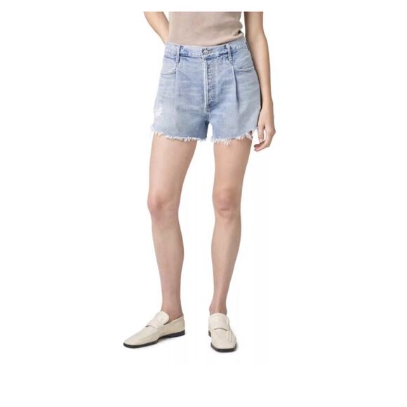 Citizens of Humanity Franca Pleated Baggy Cutoff Denim Shorts Sz 33 Button Fly - Picture 1 of 5
